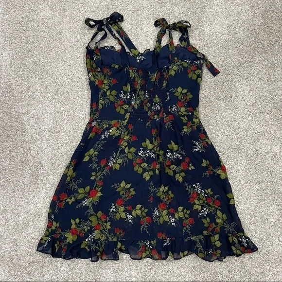 REFORMATION Christine Mini Dress in Bordeaux (Navy Blue W Roses ) Size-10 (B177)